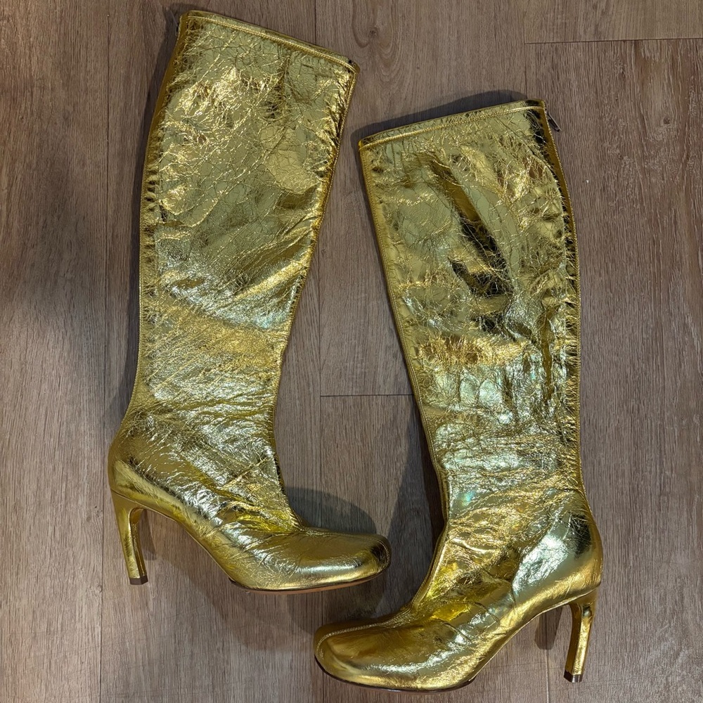 Dries Van Noten Gold Metallic Leather Statement Knee Boots Sz 36.5 - Picture 3 of 16